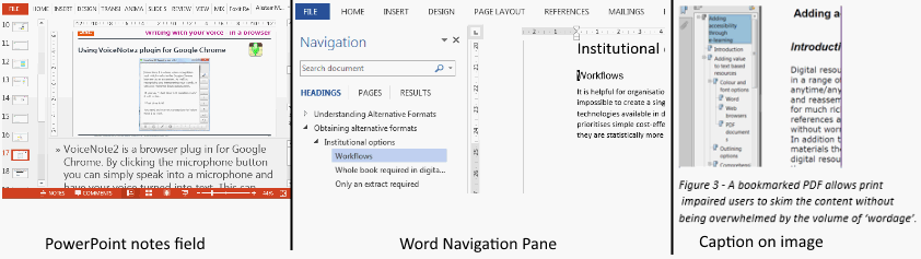 Screenshot of PowerPoint notesfield, Word navigationpane and a captioned image.