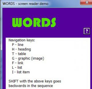 Screenshot of the Words screenreader simulator in Vision Australia's accessibility toolbar plugin for Microsoft Word