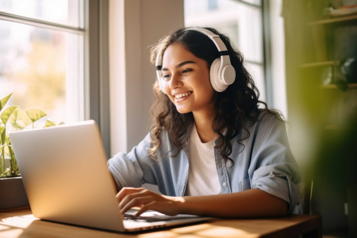 smiling woman at laptop with headphones.