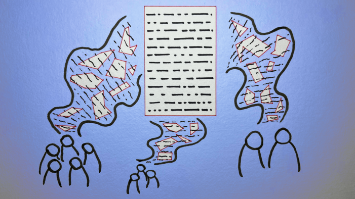 Three groups of icons representing people have shapes travelling between them and a page in the middle of the image. The image represents the flow of data between large language models and their users.